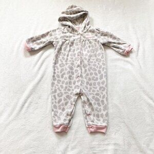 5/$25 Carter's Girl 9M Fleece Hooded Jumpsuit Grey Pink Leopard Print‎ One Piece